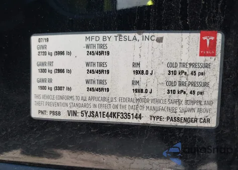 2019 Tesla Model S 100D/Long Range/P100D/Performance z USA, uszkodzony, nr VIN 5YJSA1E44KF335144